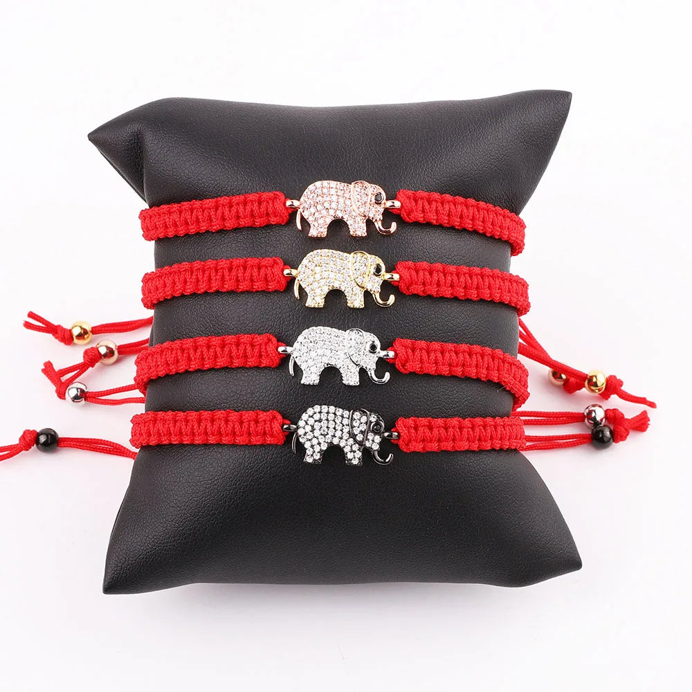 New Design CZ Pave Elephant Charm Red Cord Knot Woven Braided Lucky Friendship Bracelet Women