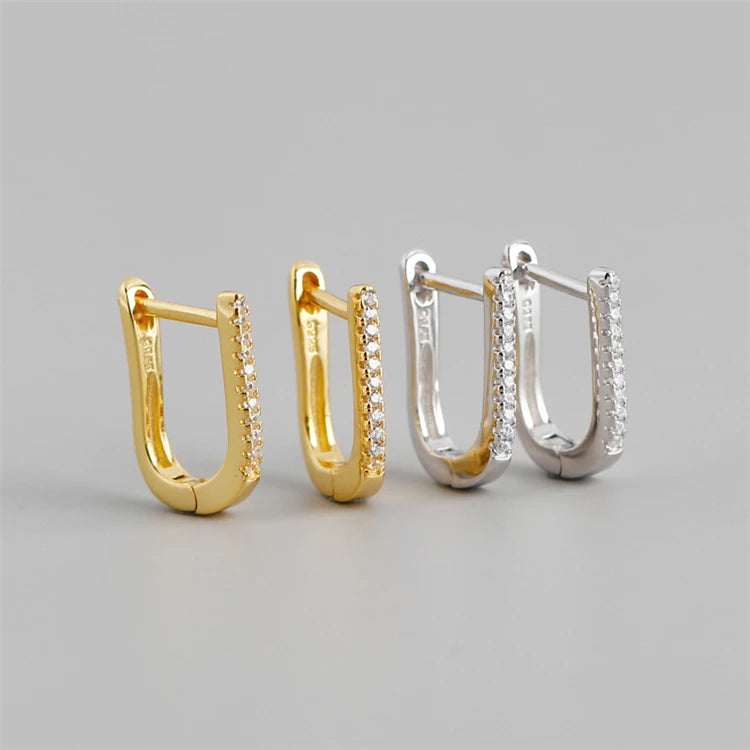Fashion Bar Zircon U Shape 18k Gold Plated 925 Sterling Silver Huggie Hoop Earrings for Women