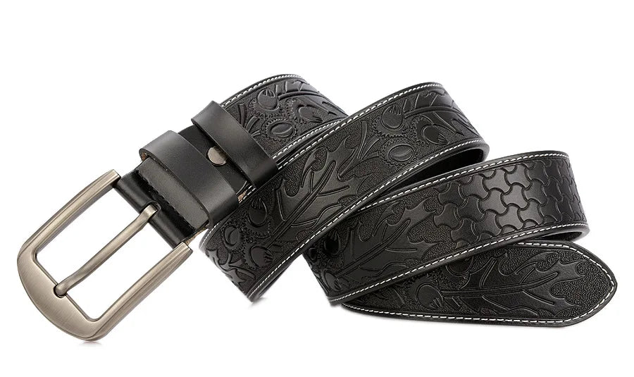 Fashion Jeans Embossed Leather Belt Cow Hide Belt Carving Process High-grade Leather Belt for Man