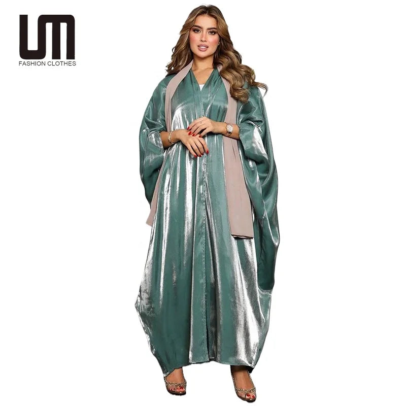OEM Wholesale Fashion Solid Color Satin Abaya Dubai Loose Robe Gowns Kaftan Ladies Party Cardigan Maxi Dress