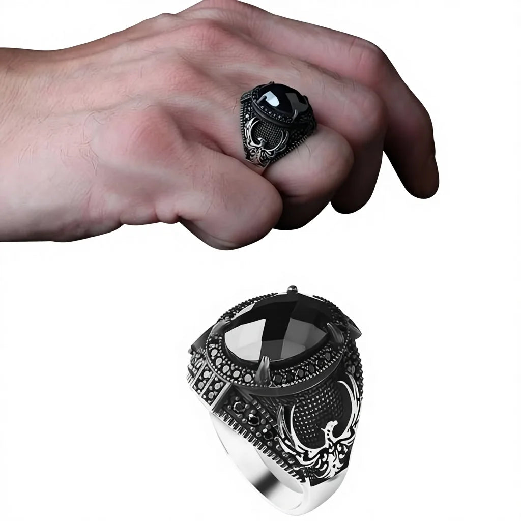 Hot Sales Turkey Azuris 925 Sterling Silver Men's Ring Ottoman Style Featuring Natural Black Stone Model VALKH1464