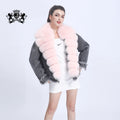 Women Fashion Soft Denim Outside Down Coat Short Big Fox Fur Shawl Collar Casual Street Wear Goose Feather Down Coat