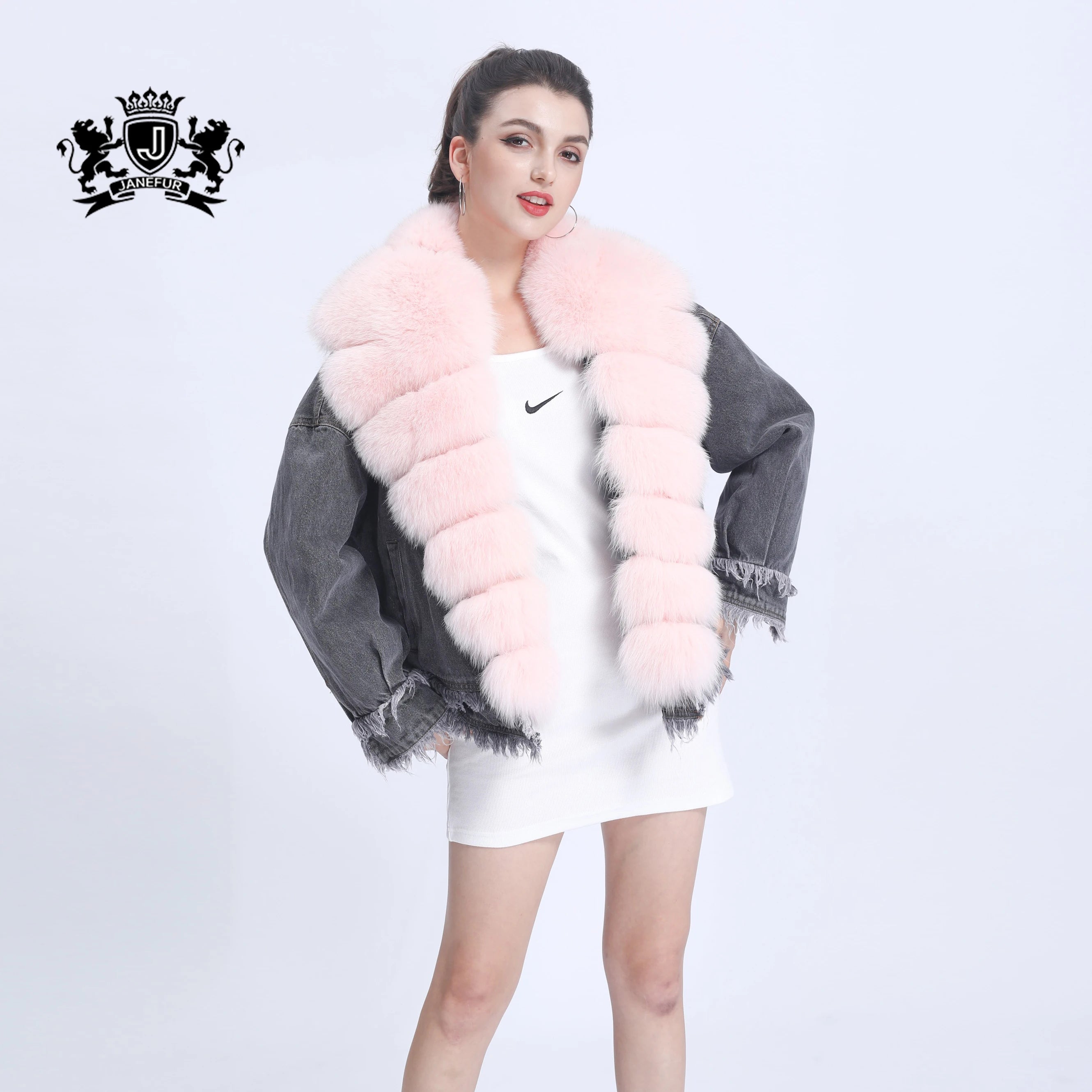Women Fashion Soft Denim Outside Down Coat Short Big Fox Fur Shawl Collar Casual Street Wear Goose Feather Down Coat