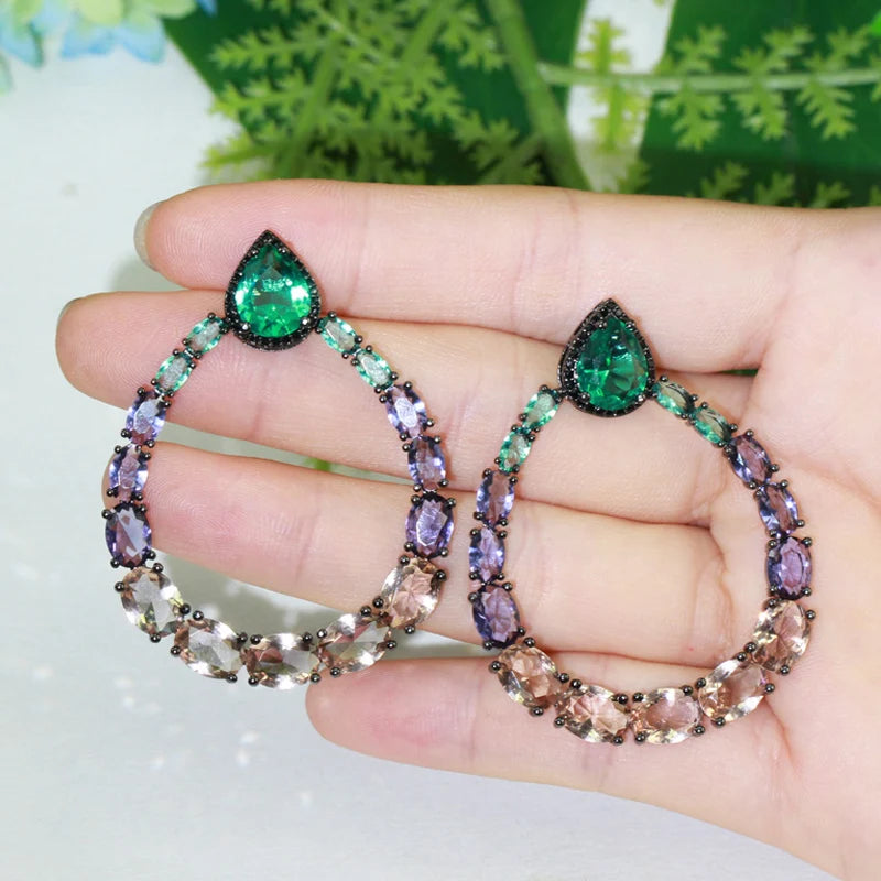 Designer Multi Color CZ Crystal Round Big Dangle Drop Women Party Earrings Bohemian Hot Trendy Accessories Earing Jewelry