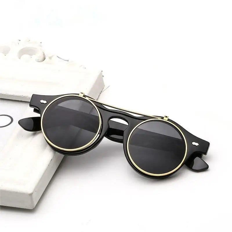 Dubery Women Men Retro Steampunk Sunglasses Double Round Gold Frame Hollow Printed Flip-Up Lens for Driving Flip-Up Style Gafas
