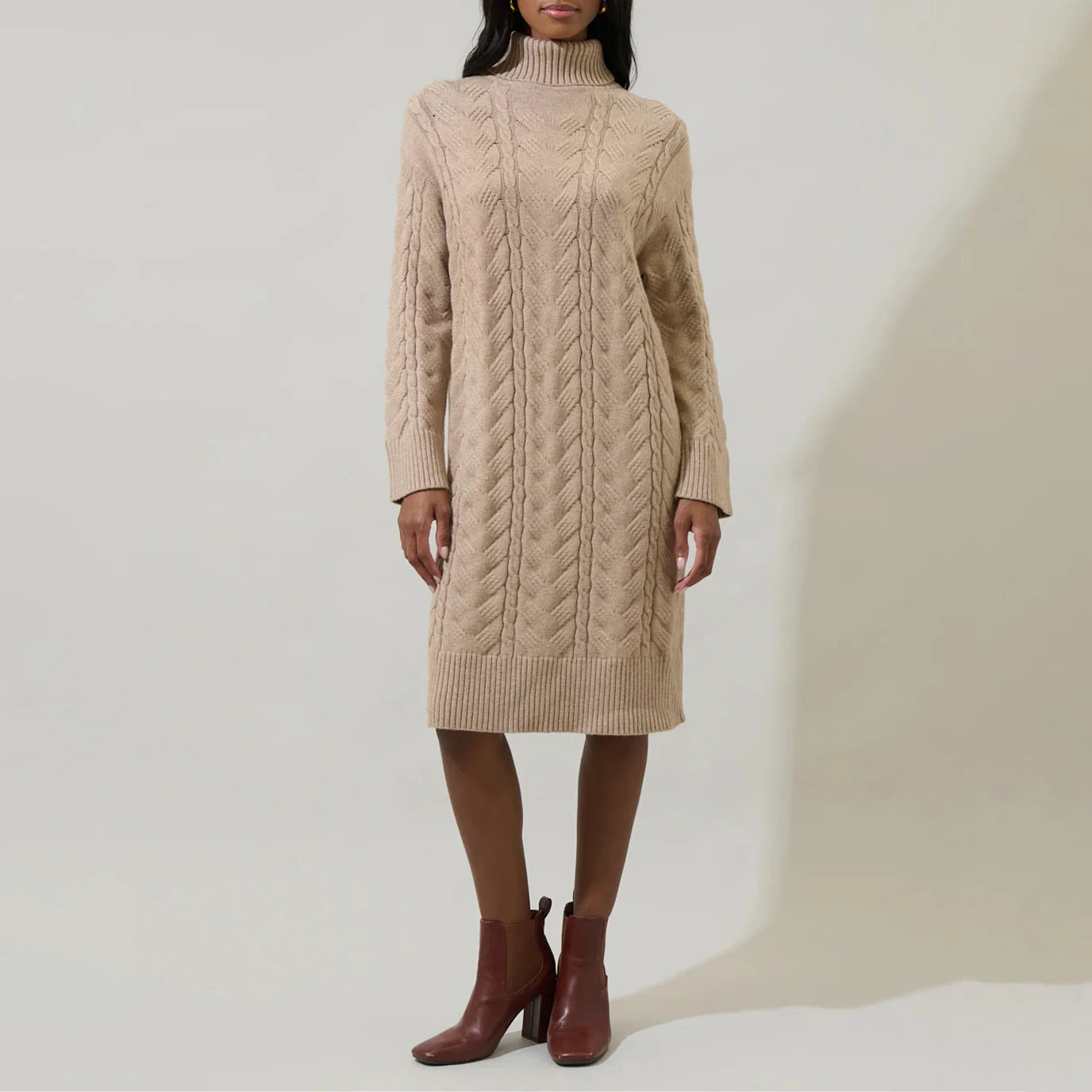 Wholesale Custom Turtleneck Cable Knit Sweater Dress Women's Long Sleeve Midi Dress