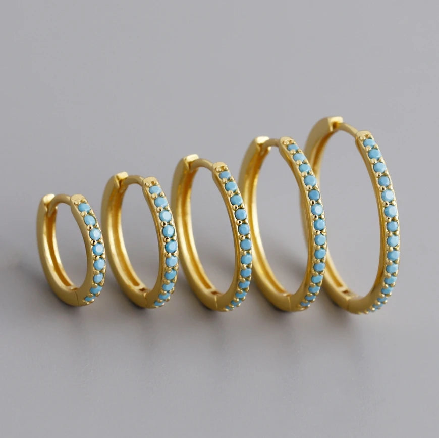 2024 NEW Fashion 925 Sterling Silver Simple Round Different Size Turquoise Zircon Gold Plated Hoop Earring for Women