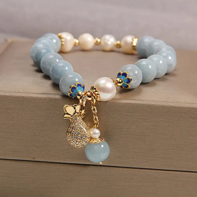 Fashion  Aquamarine Bead  with Lucky Charm Blue Natural Stone Adjustable Healing Crystal s for Women Ladies