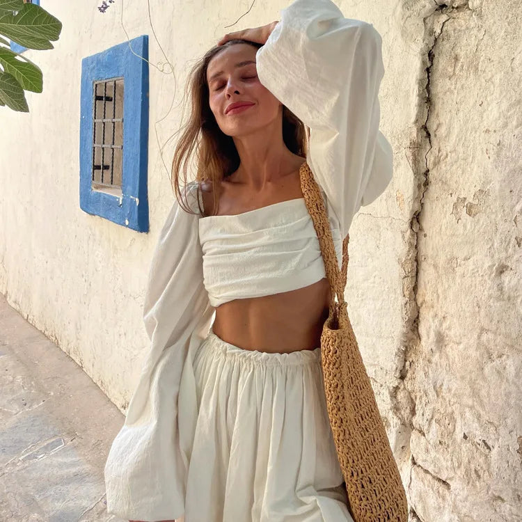 Enyami French Holiday Leisure Cotton Beige Casual Co-Ord Suit Puff Sleeve Crop Tops and High Waist Skirt 2 Piece Skirt Sets