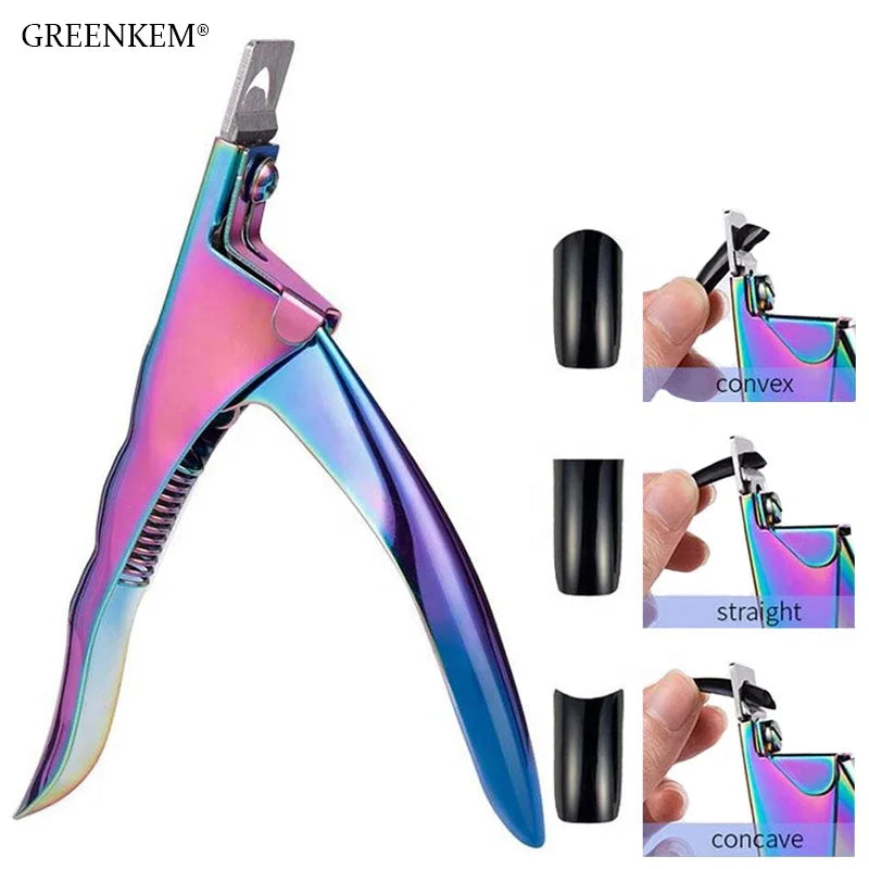 Greenkem Stainless Steel Professional Nail Art Clipper Manicure Colorful Nail Art Tools U Word False Tips Straight Nail Cutter