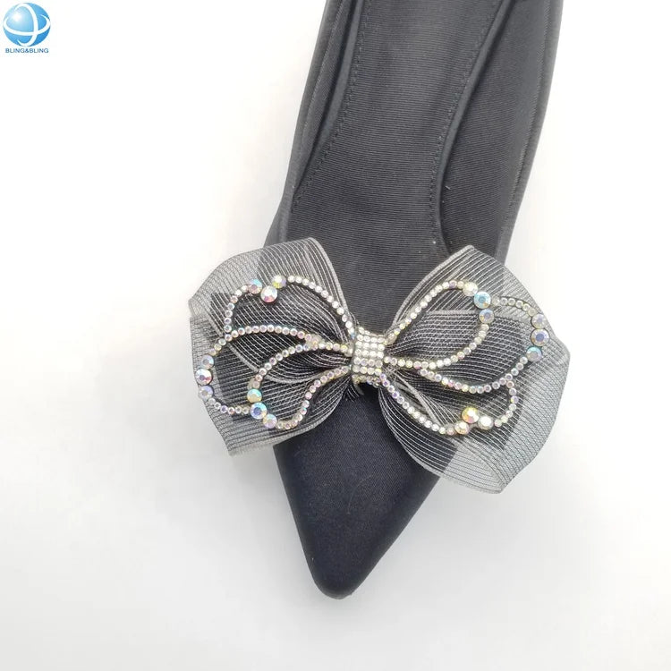 Popular Mesh With Rhinestone Crystal Shoe Clips Decor Accessories Ladies Elegant High Heels Wedding Bows Shoes Buckle Ornament