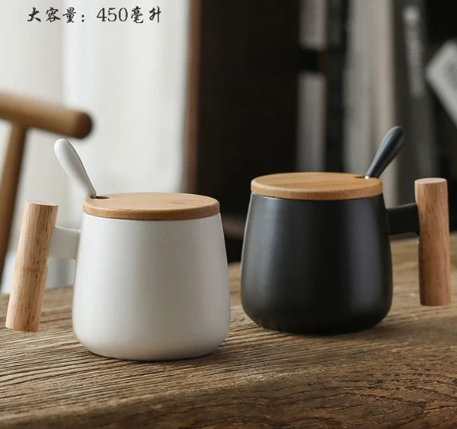 Creative Ceramic Mug with Wooden Handle Lid and Spoon Valentine's Day Gift Giving Ceramic Cup Tea Mug 400ml Coffee Mug
