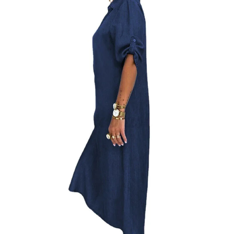 S-5XL High Quality Solid Color V-neck Half-sleeve Slit Denim Elegant Oversized Maxi Dress Ladies Plus Size Women's Dresses