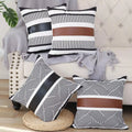 Home Decoration PU Leather Canvas Stitching Stripe Print Pillow case for Cushion Cover Luxury Modern