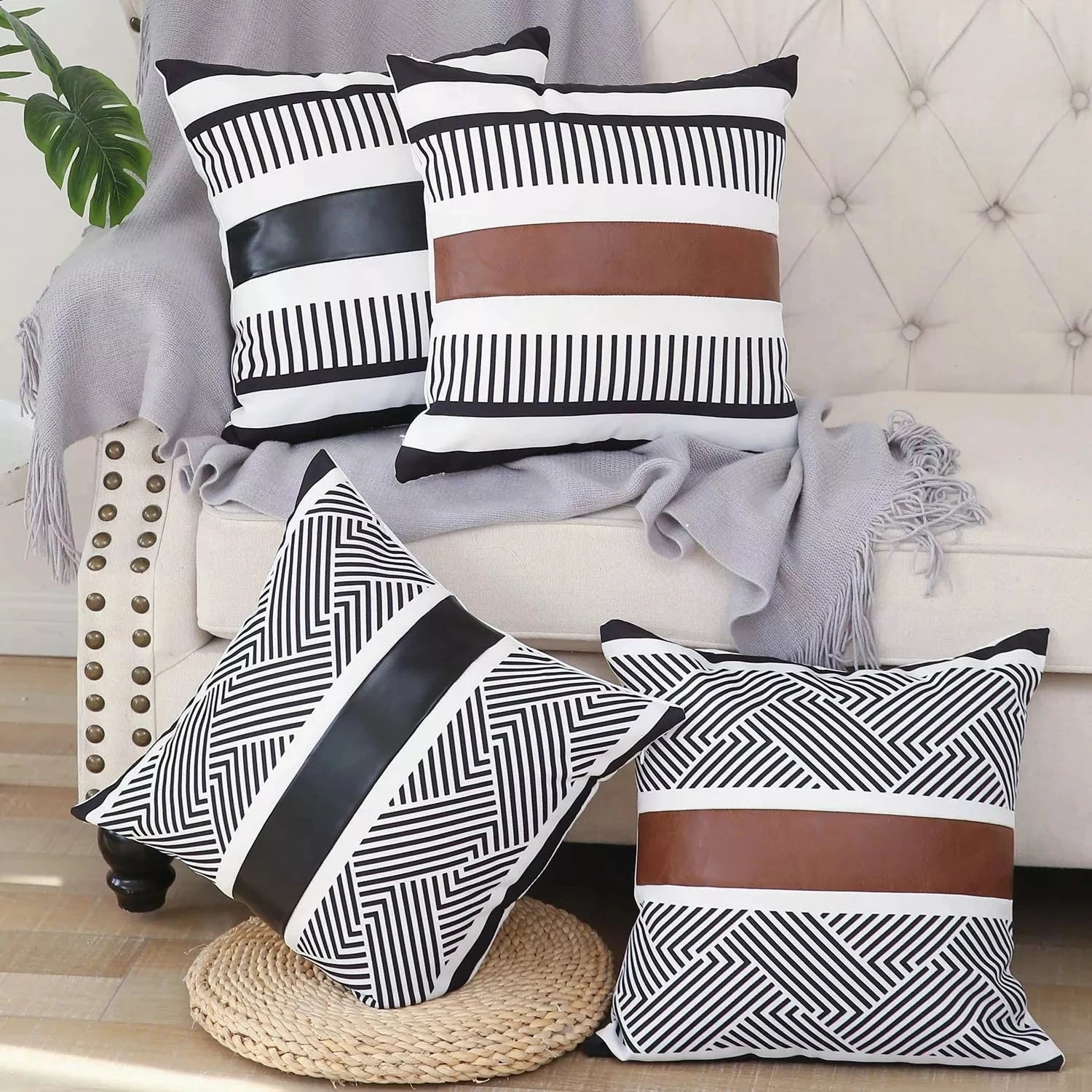 Home Decoration PU Leather Canvas Stitching Stripe Print Pillow case for Cushion Cover Luxury Modern