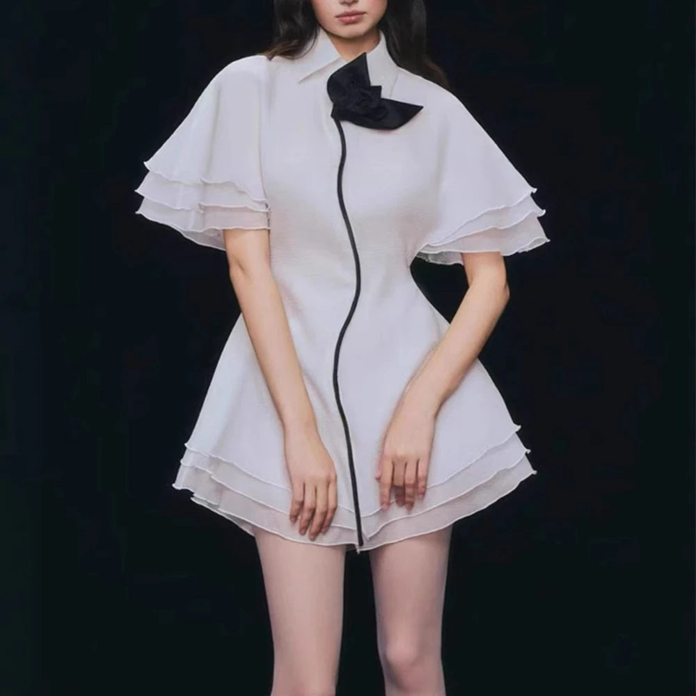 Customizable Brand Ladies Summer Casual Turndown Asymmetric Ruffles Solid Chiffon Natural Waistline Mini Floor-Length