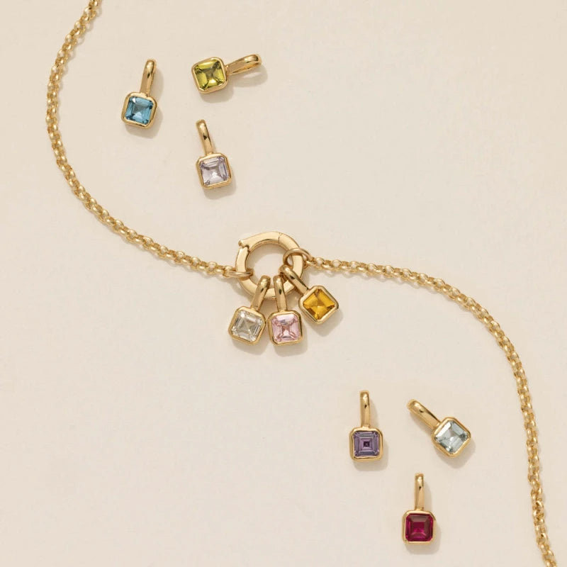 Y269 Wholesale Collar PVD 18K Gold Plated Birth Stone Square Shaped Colorful Zircon Birthstone Pendant Women Necklaces
