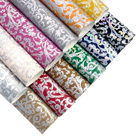 Wholesale 0.9 MM Carve Flower Rome Holographic Laser Silver Printing Flower Pu Faux Leather Fabric for Sewing Sofa Shoes Crafts