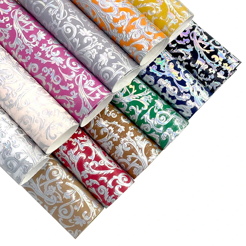 Wholesale 0.9 MM Carve Flower Rome Holographic Laser Silver Printing Flower Pu Faux Leather Fabric for Sewing Sofa Shoes Crafts