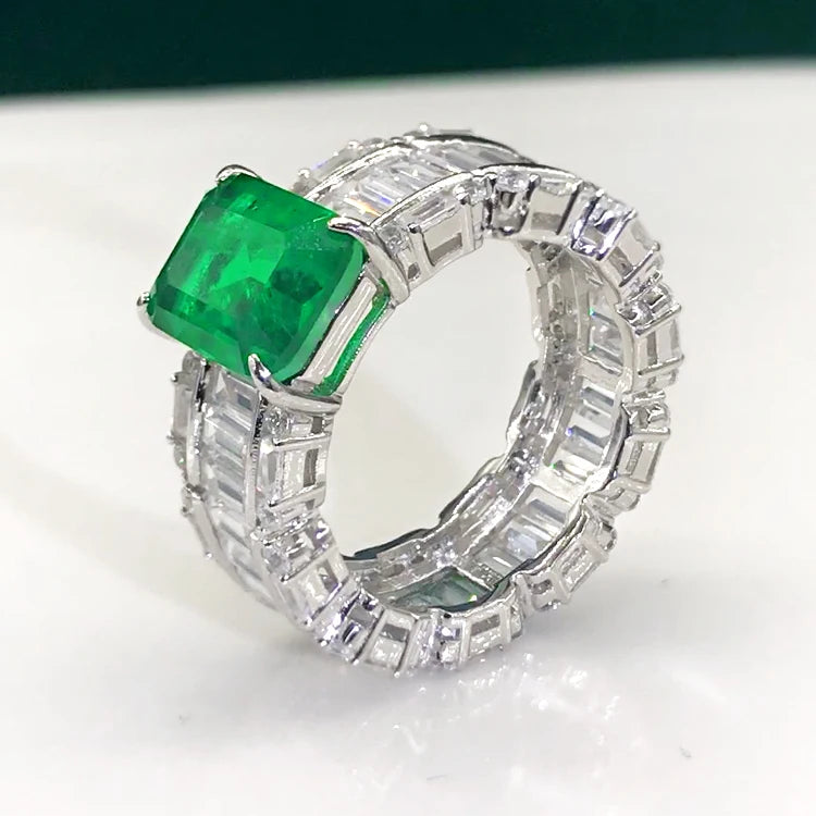 Luxury Big Tennis Ring Women Fashion 925 Silver Zirconia Rings Dad Mom Gift Inlay Beautiful Emerald Green Rings