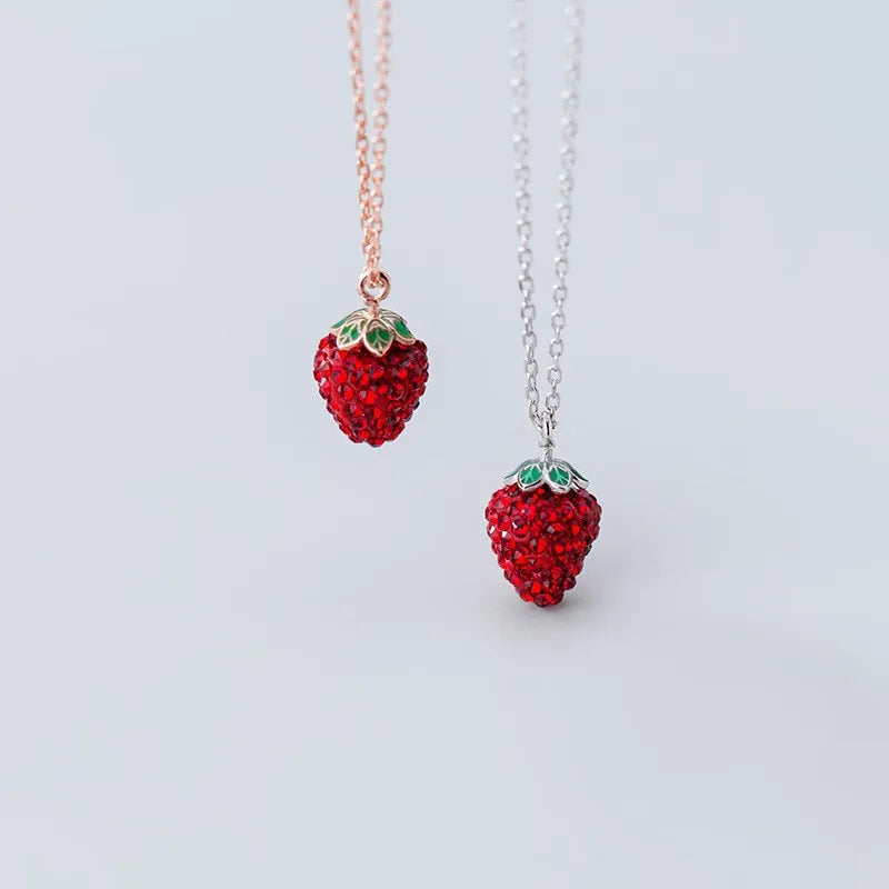 925 Sterling Silver Pendant Necklace Red Crystal Strawberry Shape Rose Gold Plated Chain Necklaces Fine Jewelry for Women