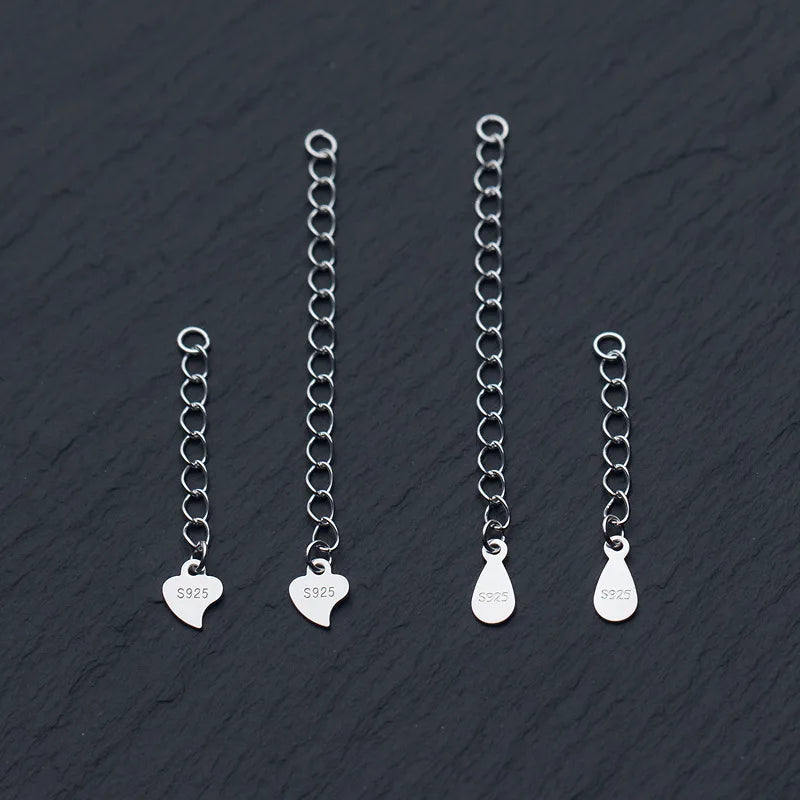 925 Sterling Silver Necklace Bracelet Chain Extender with Heart Drop Shape and Round Tag Charm Pendant Jewelry Findings