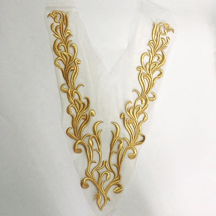 Fashionable Deep v Neck Gold Embroidery Mesh Lace Applique Sewing for Clothing LT2496A