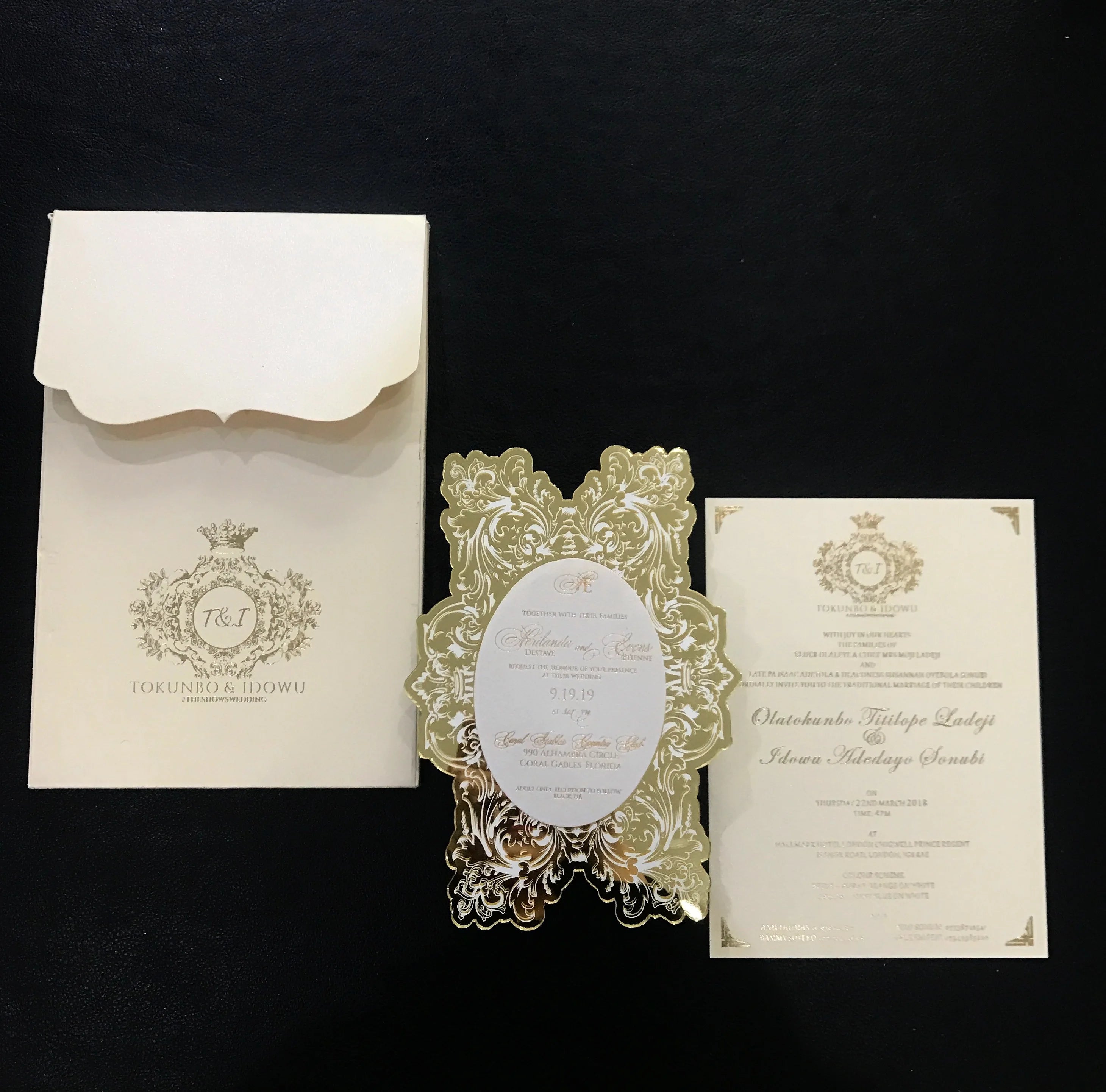 Custom Made Laser Cut Gold Mirror Foiling Acrylic Wedding Invitation Card With Stamping Envelope