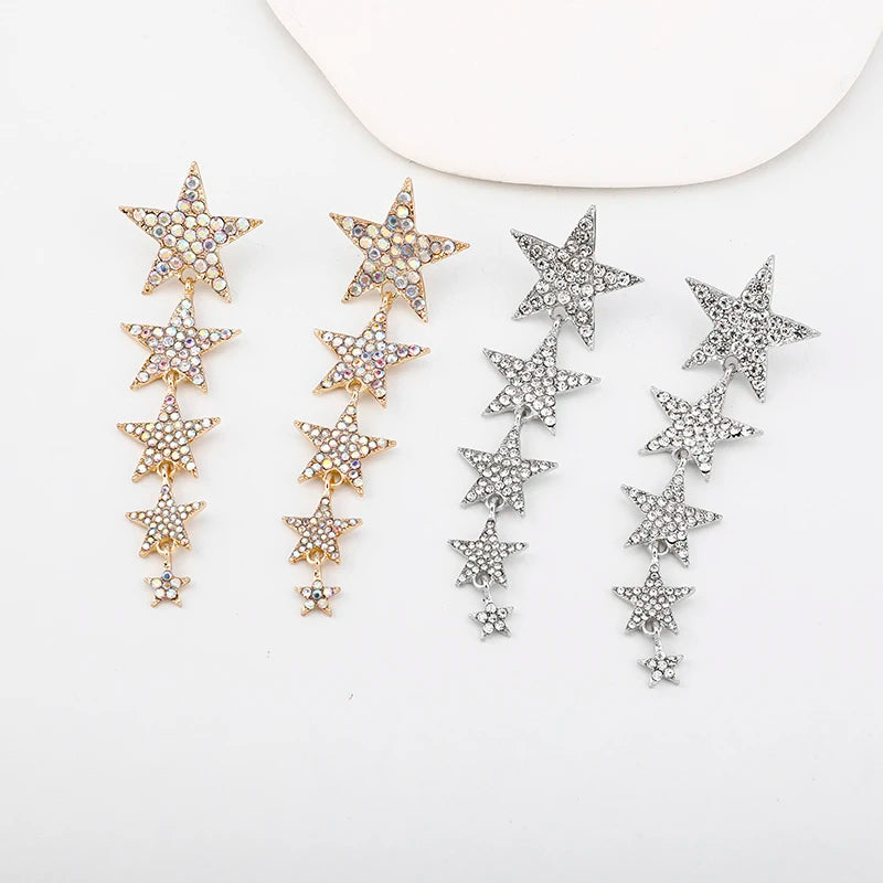 New Arrival Silver Plated Star Stud Earrings Sparkling Rhinestone Crystal Tassel Dangle Elegant Gold Toned Stars Earrings