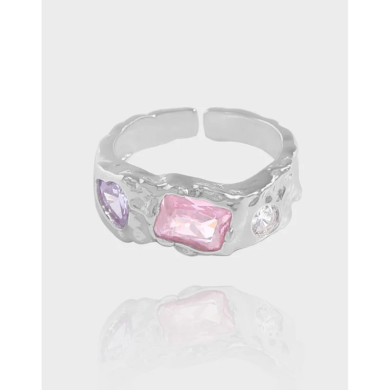 Luxury Style Colorful Pink Crystal Ring S925 Sterling Silver Colorful Texture Zircon Ring for Women
