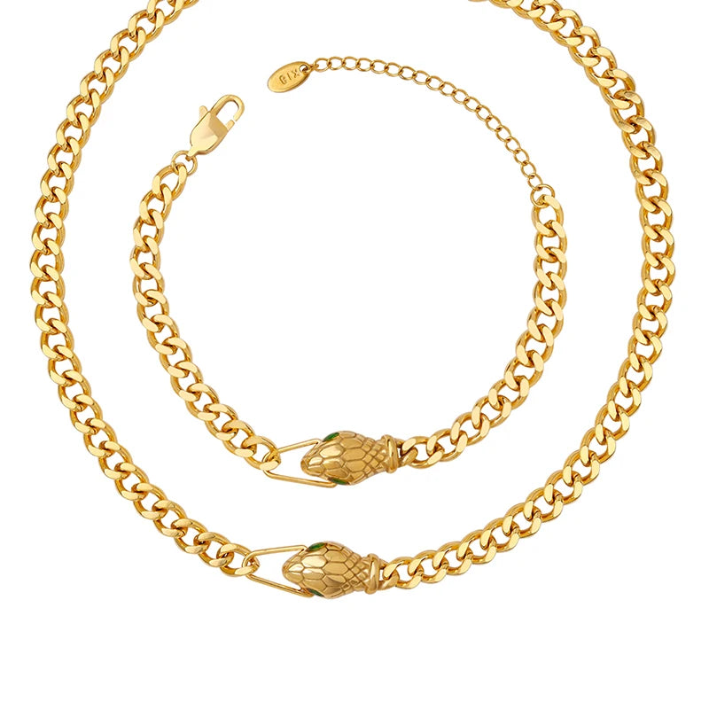 Factory Hot Sale Women's Stainless Steel Snake Head Green Zircon Chain Link Bracelet 18K Gold Plated Trendy for Weddings Parties