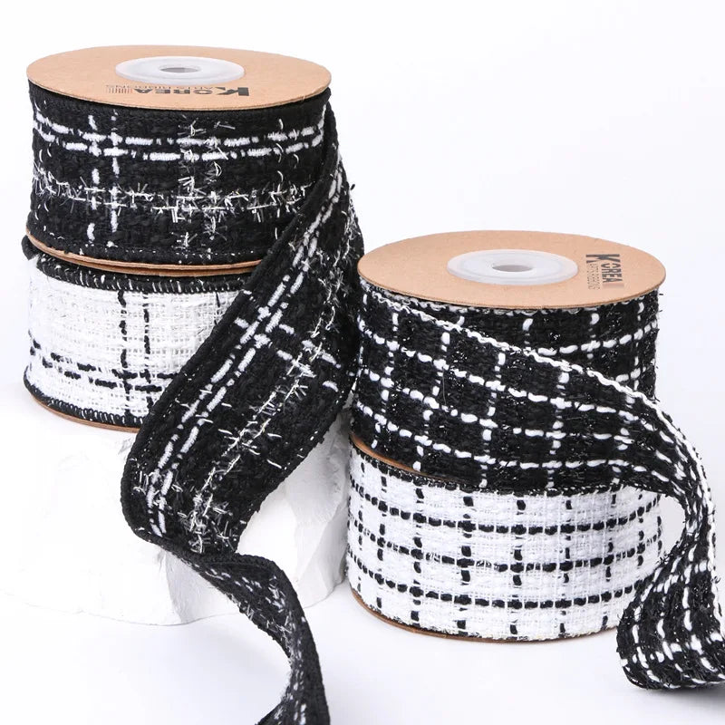 Factory Luxury Style Tweed Fabric Checked Plaid Woven Ribbon Decorative Wired Vintage Gift Ribbons Valentine Day