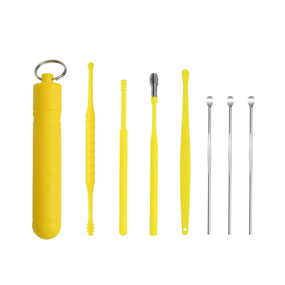 HONGSTARS Multifunctional Makeup Tools Cleaner 7-Piece Portable Stainless Steel Yellow Ear Care Tool Kit Spiral Ear Pickup Easy