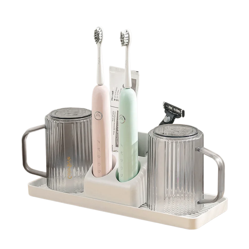 Morden 4-Piece Bathroom Set Electric Toothbrush Holder 2 Transparent Cups Plastic Tray for Tumbler Storage Rack Quality Bathroom
