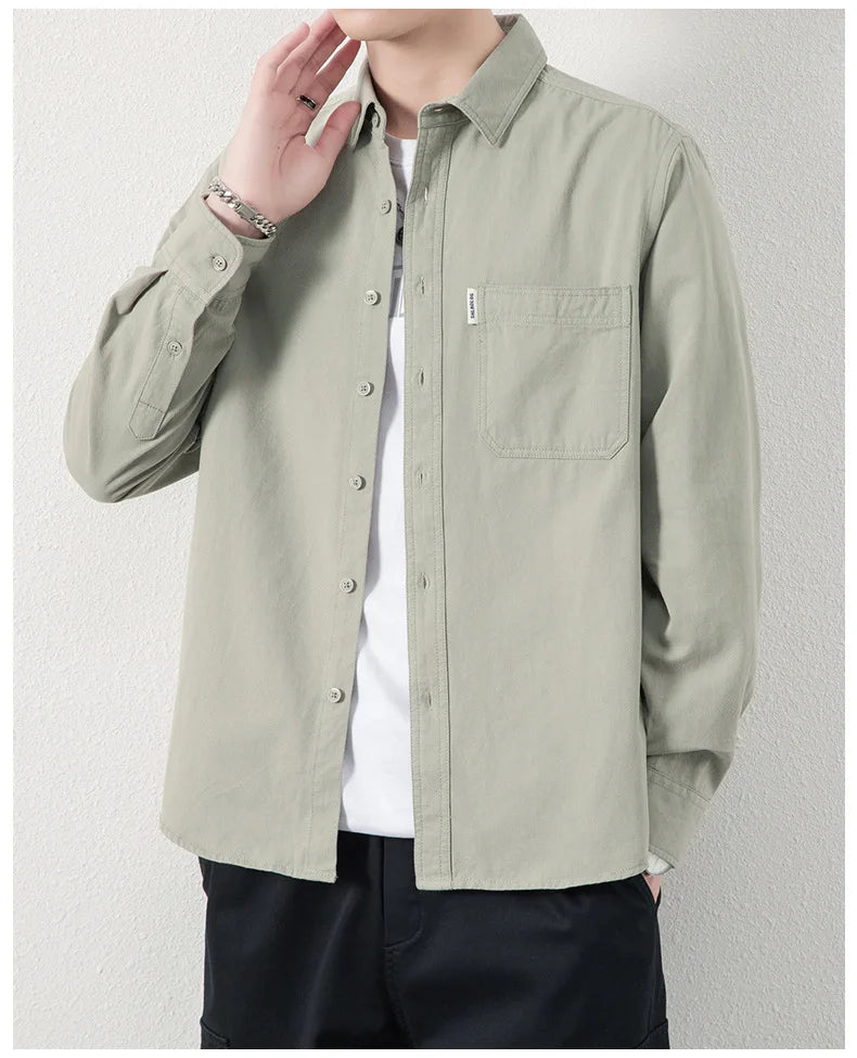 Autumn New Men's Long Sleeve Loose Fit Casual Work Shirt Jacket Pure Cotton Washable Shirt for Men