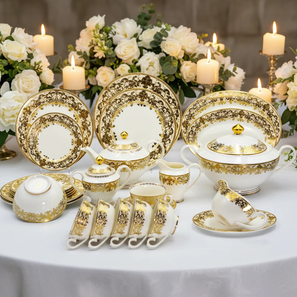 98 Pcs Hight Quality Embossed Pure Gold Decoration Royal Style Porcelain Bone China Tableware Dinnerware Dinner Sets