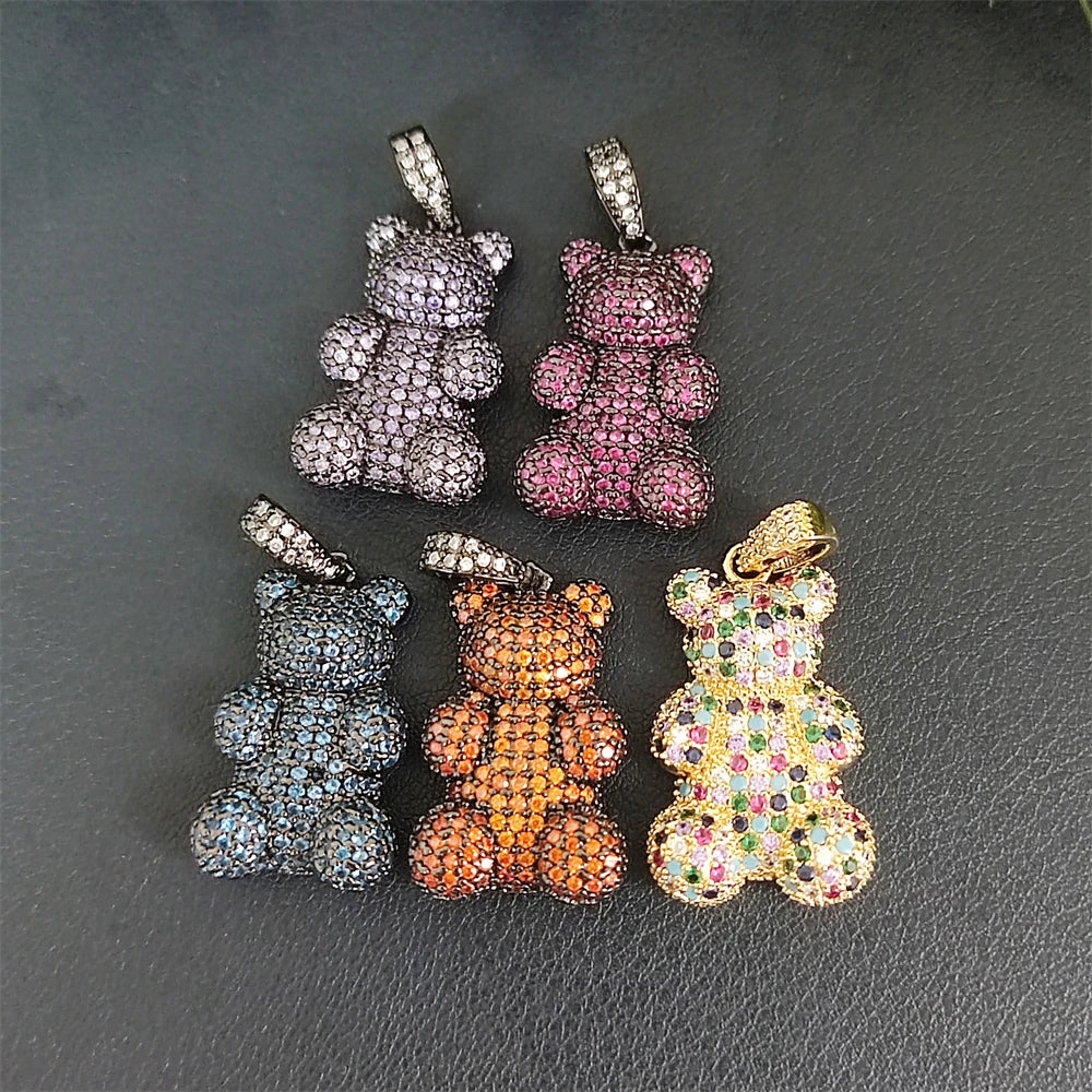 Custom Jewelry Fashion Rainbow Cubic Zirconia Charm Teddy Bear 18K Gold Black Plated Pendant Cute Bear for Girl Necklace Making