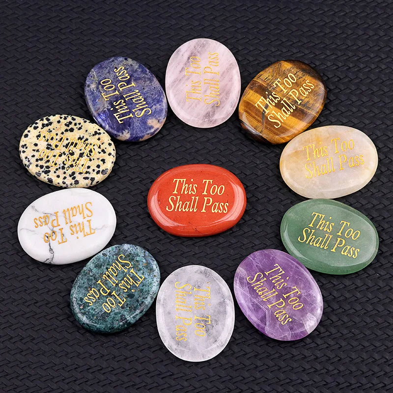 Natural Clear Quartz Crystal Agate Stone Encouragement Words Engraved Pocket Worry Stone for Feng Shui Healing Carved Gift for