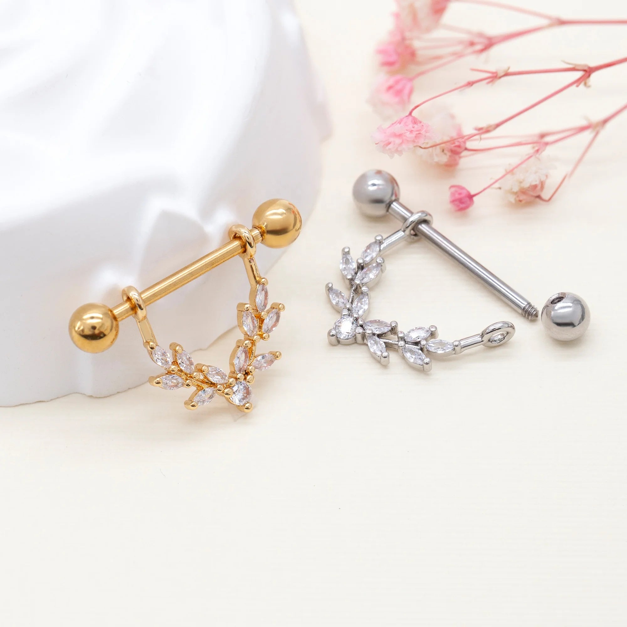 14G 316L Stainless Steel Marquise Sparkle Allure Leaves Dangle Nipple Shield
