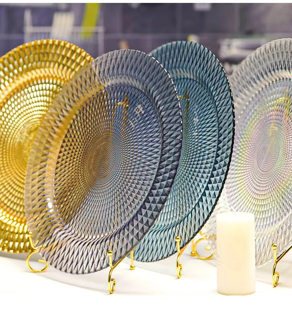 Creative Tableware Elegant Gold Silver Red Green Service Glass Dish 13Inch Glass Charger Plate  for Wedding Events