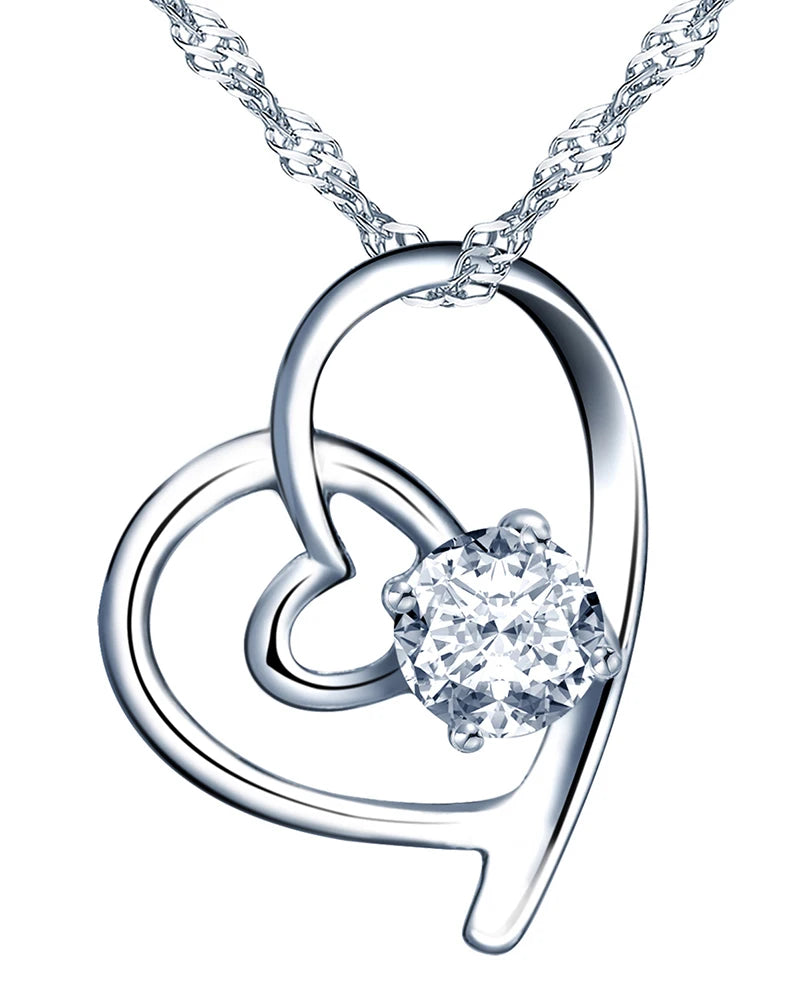 Double Hollow S925 Sterling Silver Pendant Necklace for Women Classic Inlaid Zircon Stone Heart Design for Weddings Parties