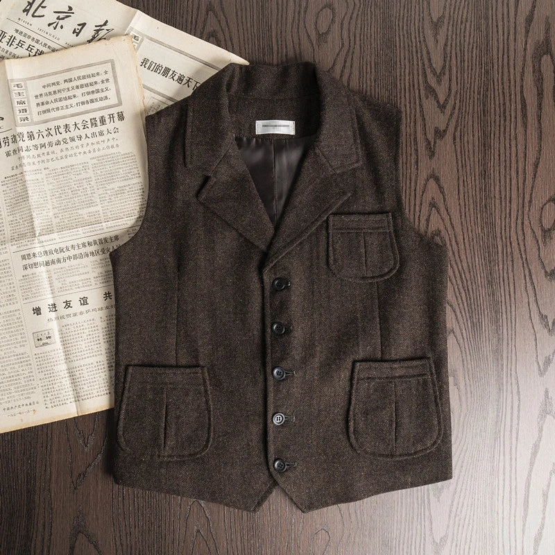 Wholesale Retro Herringbone Woolen Suit Vest for Men Solid Color Slim Single Breasted Outer Wear