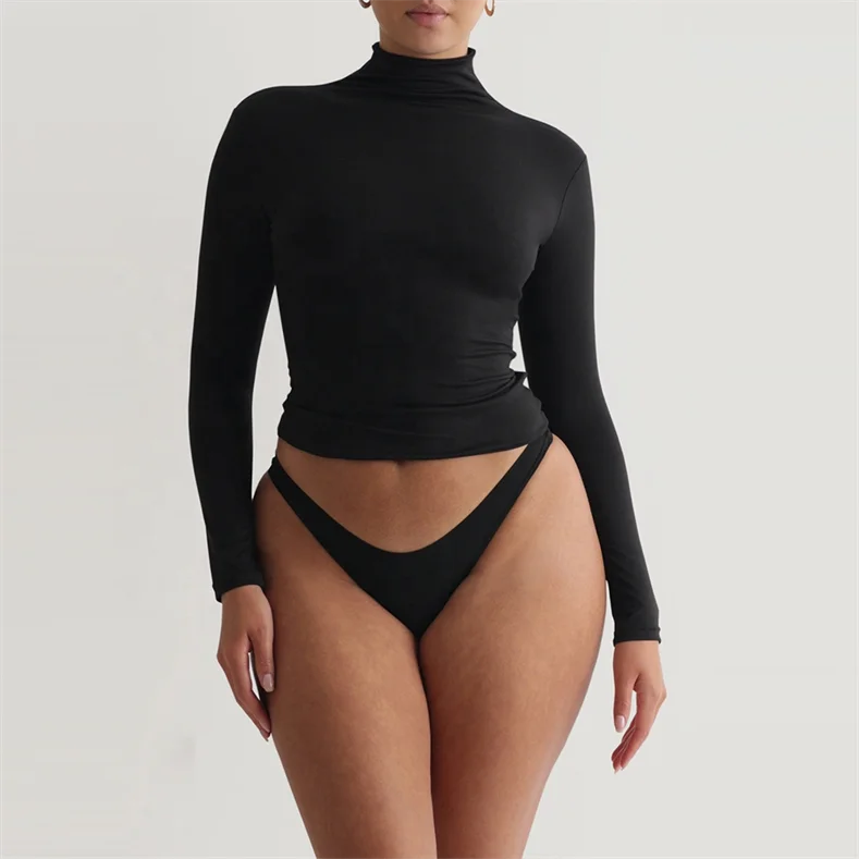Custom Women Basic Mock Neck Fitness Athletic Shirts Tee Slim Fitted Long Sleeve Pullovers Tops