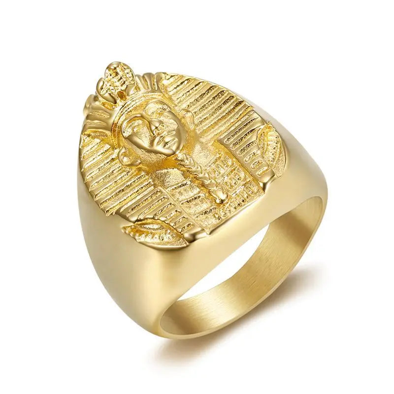 Duyizhao New Arrival 316L Stainless Steel Ring Wedding Engagement Party Trendy Titanium Steel Gold Plated Egyptian Pharaoh Ring