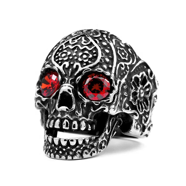 Vintage Stainless Steel Engraved Flower Gothic Skull Men Rings with Red Eyes