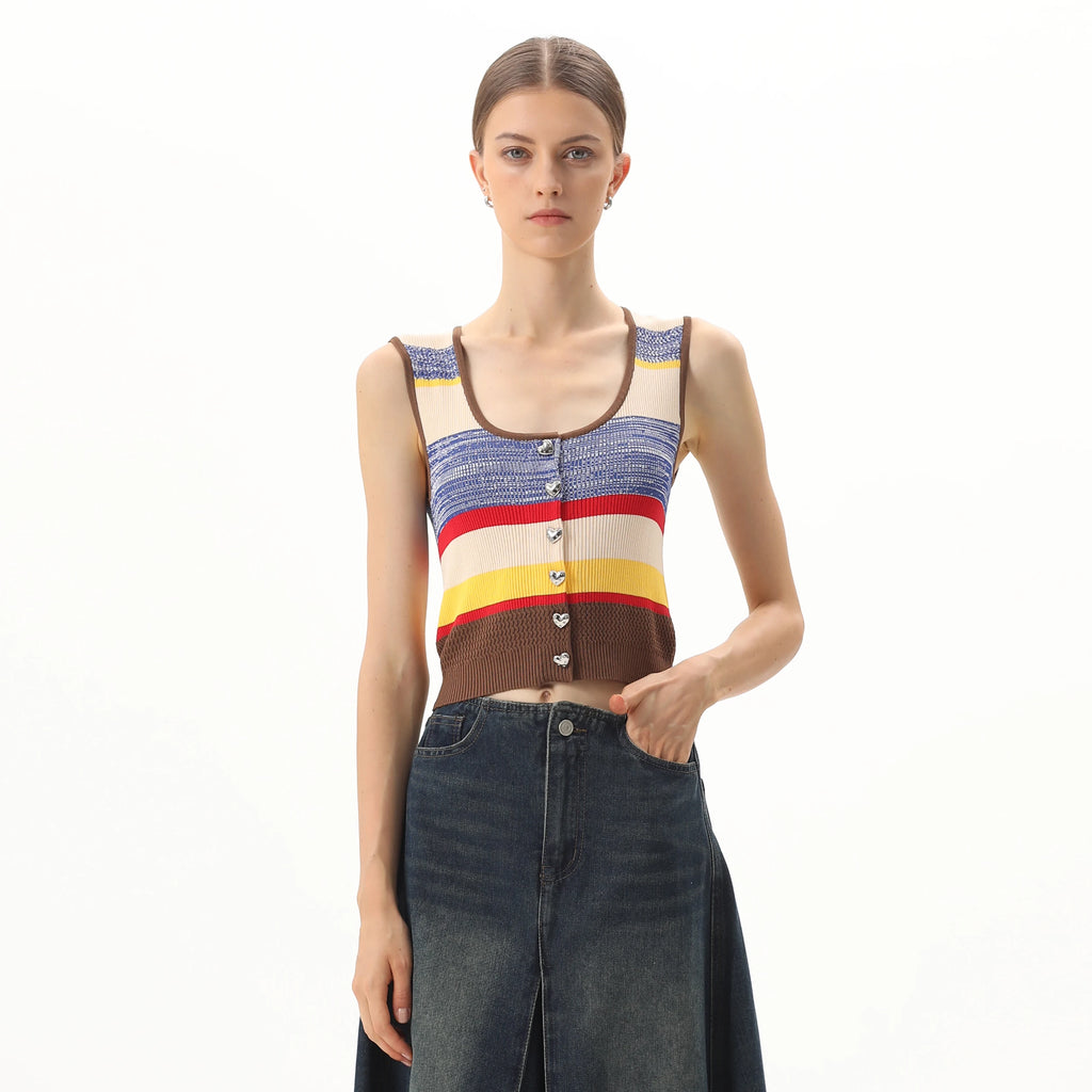 OEM Women's Casual Slimming Crochet Rainbow Striped Knitted Tank Top Short Sleeveless Breathable Fashionable Fitting Knit Vest