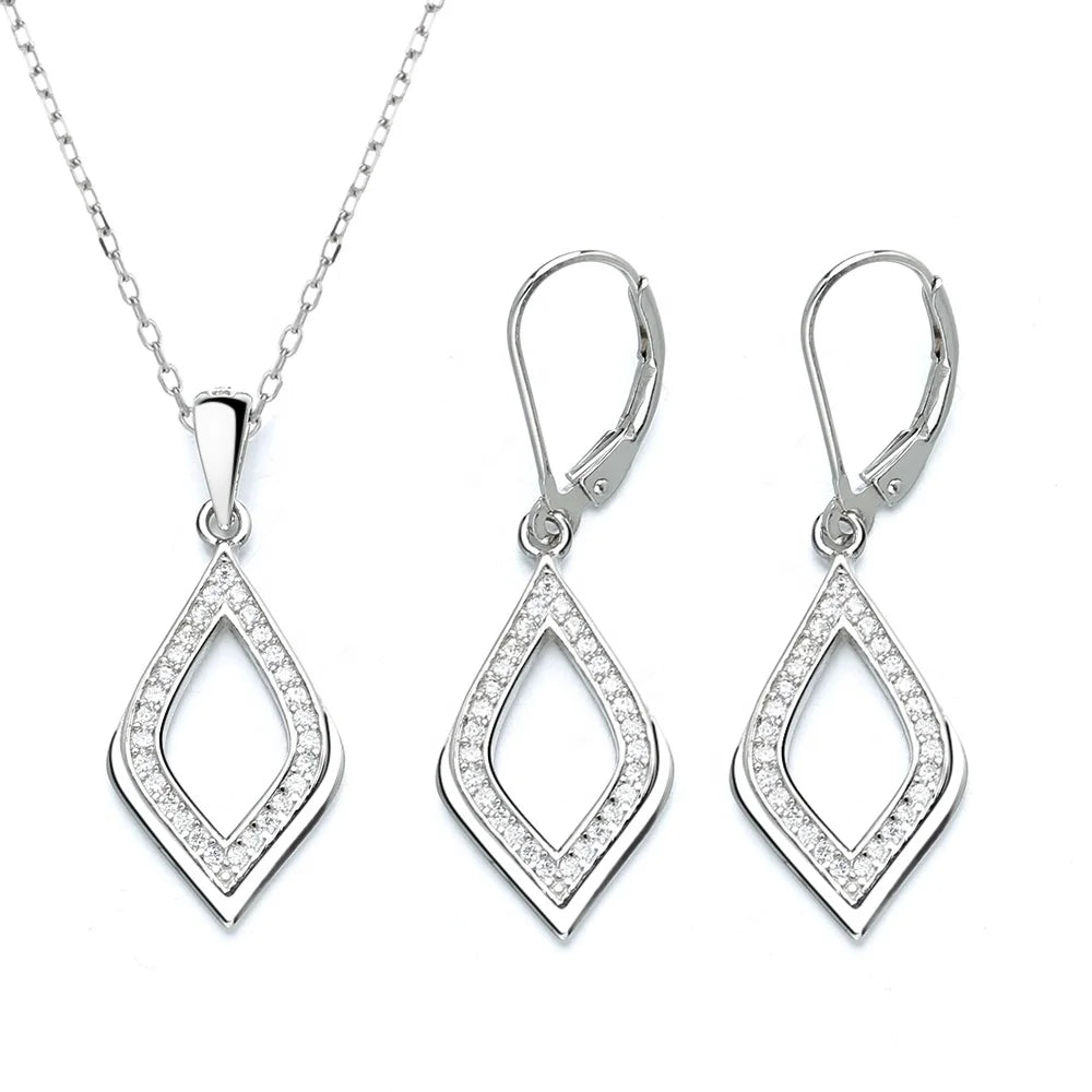 925 Silver Fine Jewelry Set in Rhombus Shape Pendant and Hook Earrings Set for Women