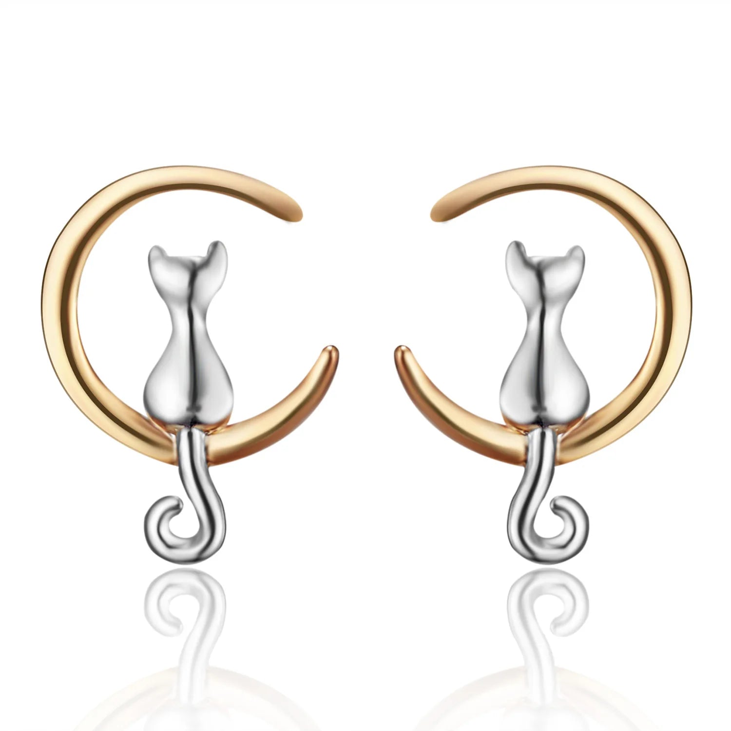 925 Sterling Sliver Material Cute Earrings Hypoallergenic Allergy Free Gold/silver Color Cat Asymmetrical Stud Earrings
