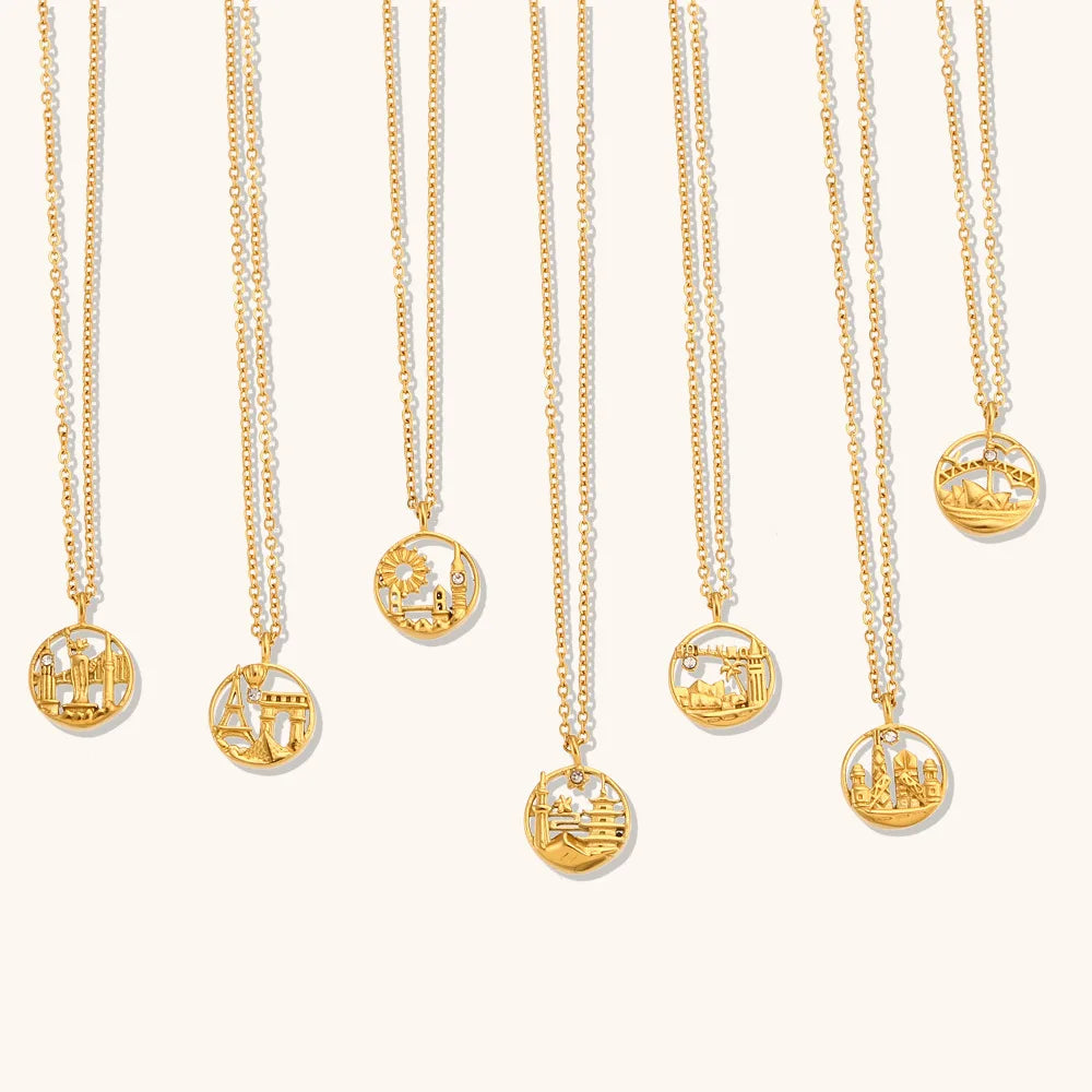 Fashion Stainless Steel Gold Plated Hollow Circle Charms World City Paris New York London City Pendant Necklace for Men Women