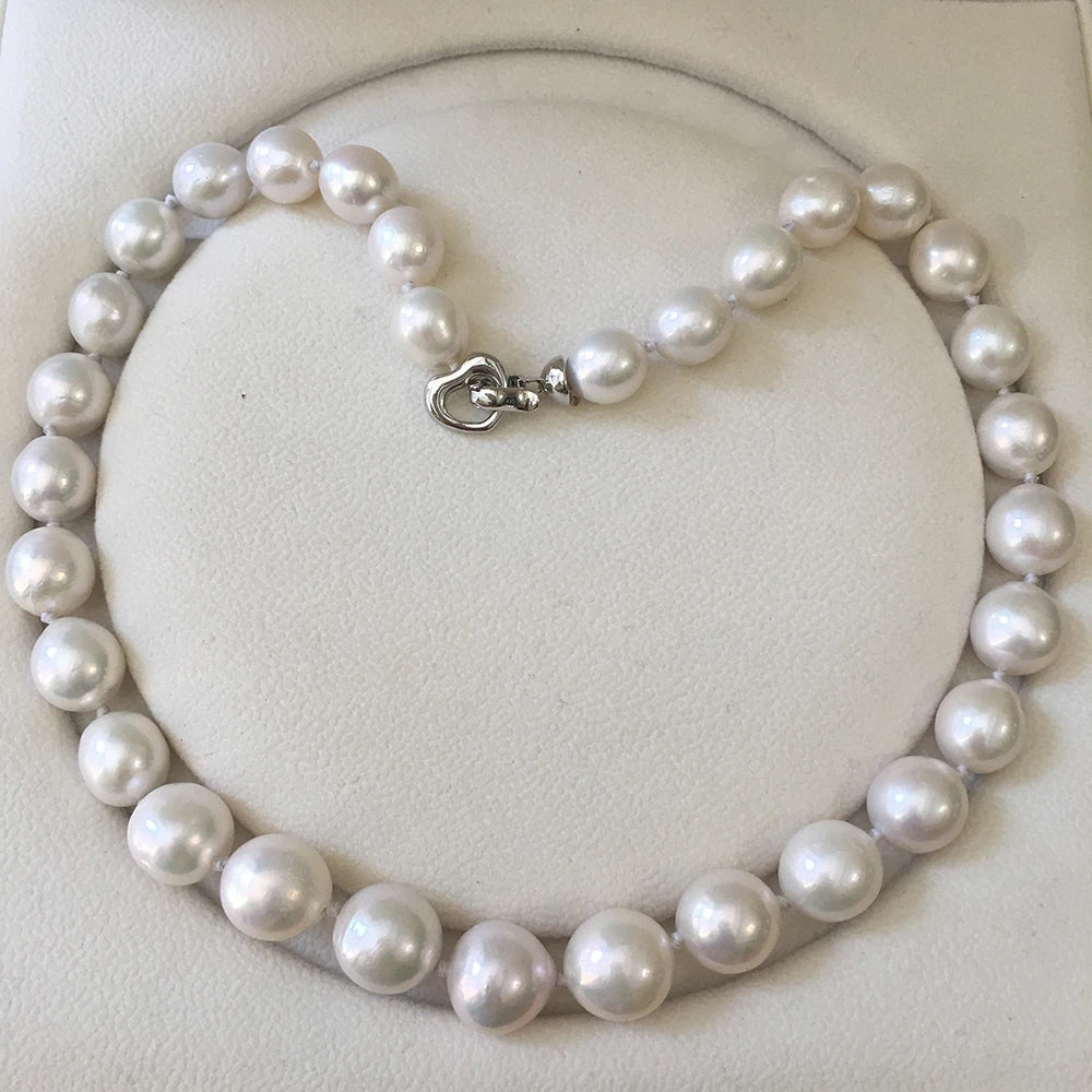 16/18 Inch Nature Freshwater Pearl Choker Necklacenice Heart 925 Silver CLASP 11-14 mm AA Big Round Baroque knotted Beads
